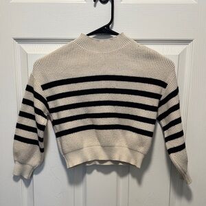 Zara Cream and Black Striped Cropped Turtleneck Sweater